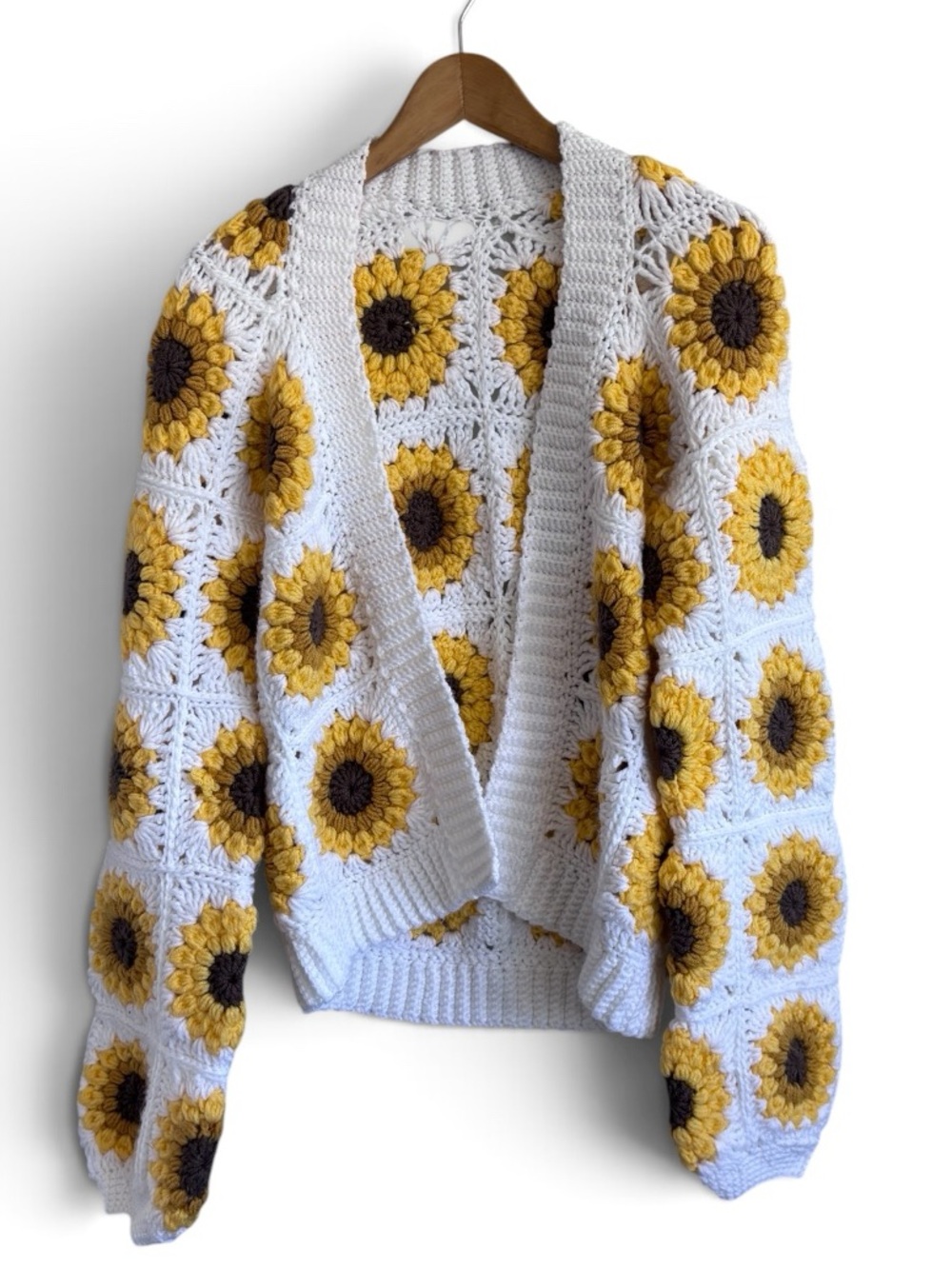 Handmade Sunflower Crochet Cardigan White Yellow Granny Square Open Sweater